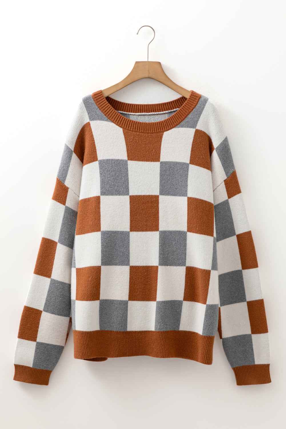 Brown Colorblock Checkered Drop Sleeve Plus Size Sweater