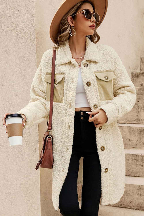 Beige Contrast Flap Pocket Single Breasted Teddy Coat by Wild and Free Boutique