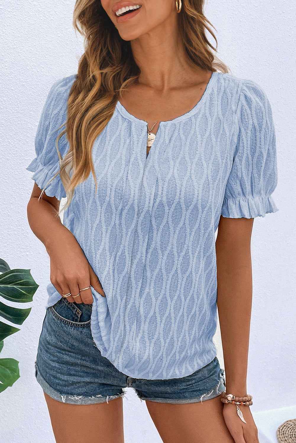 Beau Blue Solid Color Textured Notched Neck Puff Sleeve Blouse