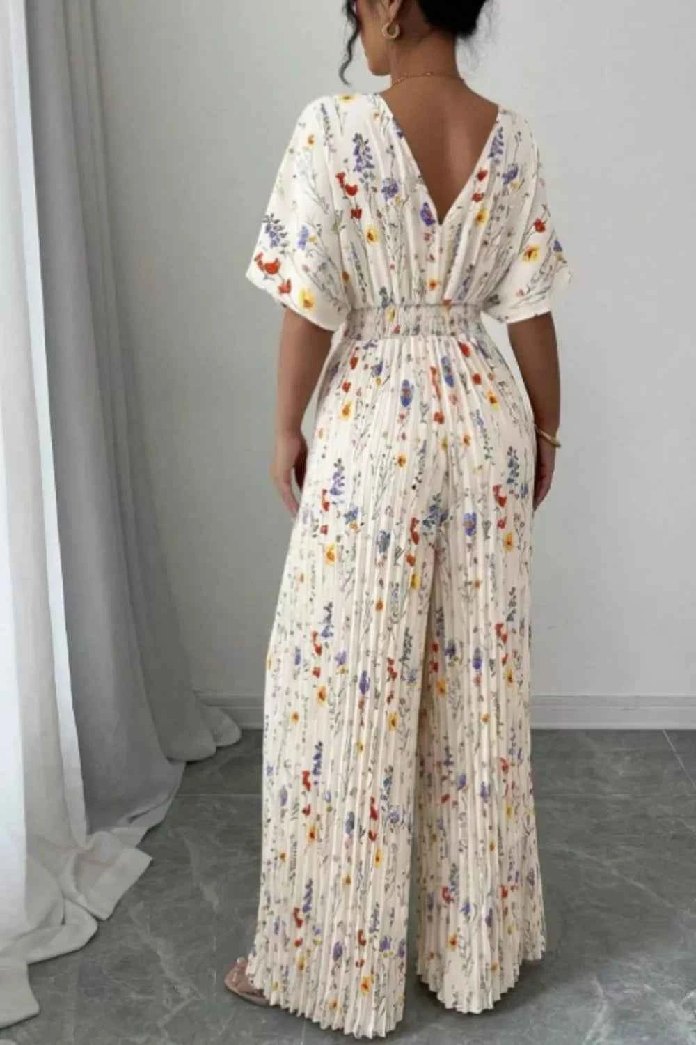 Floral Print Pleated Wide Leg Jumpsuit
