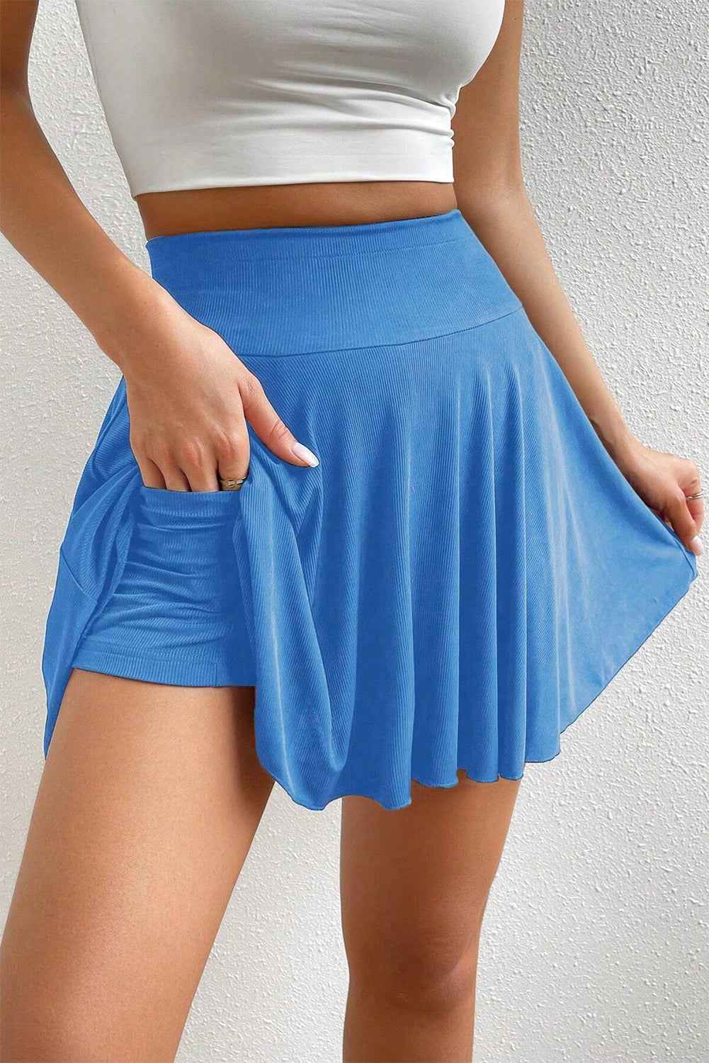 Blue A-line Draped High Waist Pocketed Lined Skort