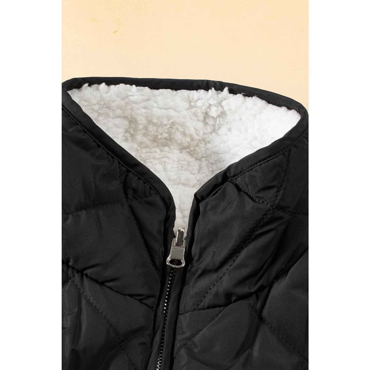 Black Fleece Lined Quilted Zip up Vest Coat Womenswear Tops