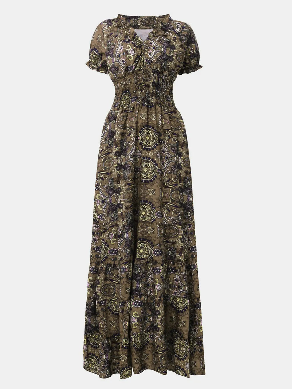 Smocked Printed V-Neck Short Sleeve Dress by Shopiebay