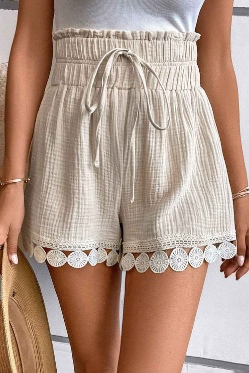 Apricot Textured Frilled Knotted High Waist Lace Hem Shorts by Wild and Free Boutique