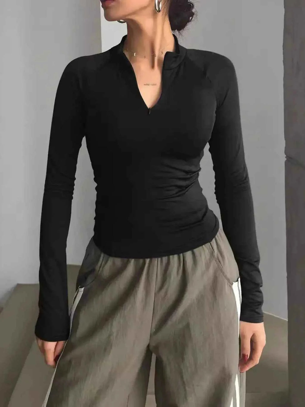 Zip Front Long Sleeve Fitted T Shirt
