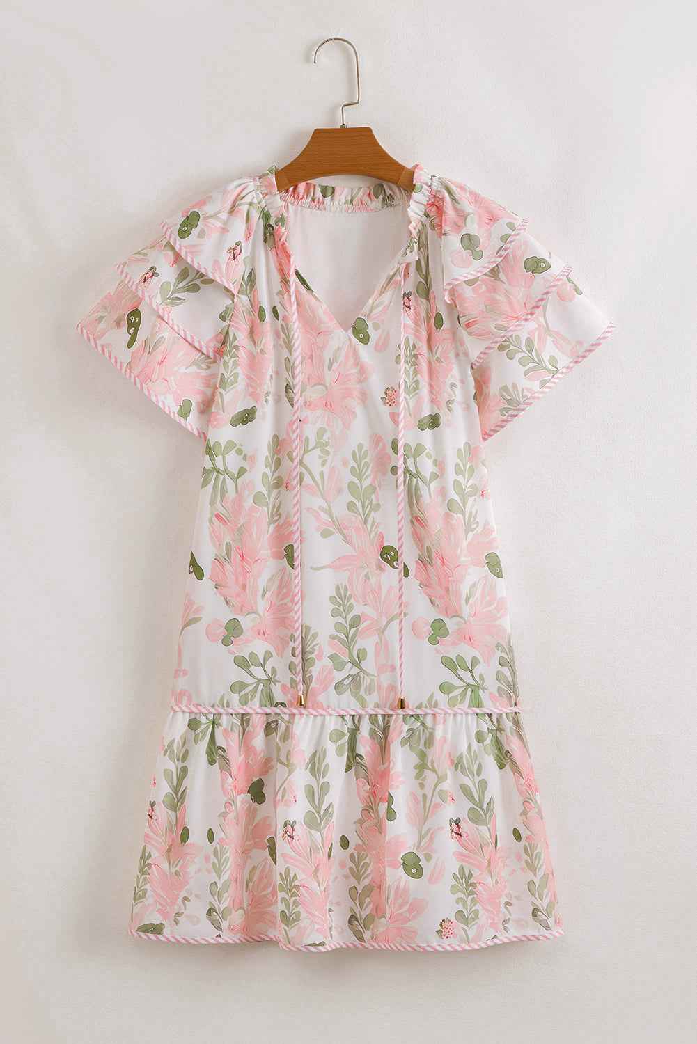 Pink Floral Contrast Edge Ruffle Sleeve Tie Neck Mini Dress