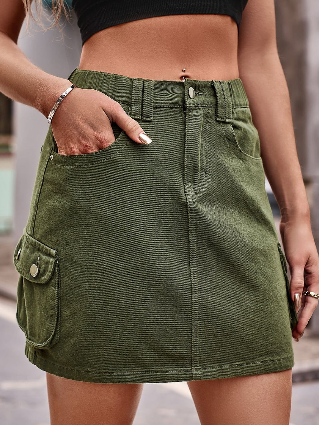 Denim Mini Skirt with Pockets See size chart under “more details”