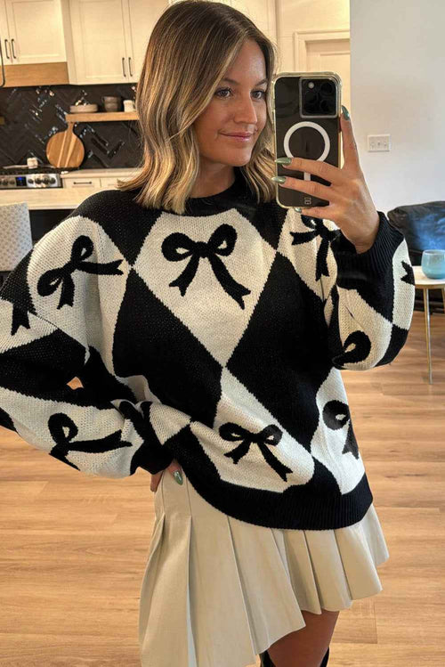Black Bow Print 2-tone Rhombus Knit Loose Sweater by Wild and Free Boutique