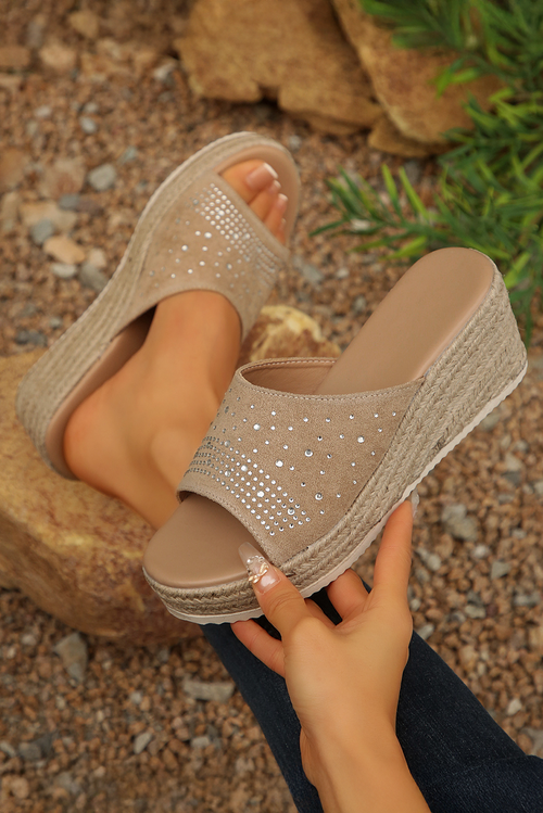 Beige Rhinestone Decor Suede Slip On Wedge Slippers by Wild and Free Boutique