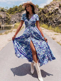 Floral Print Slit Front V Neck Midi Dress