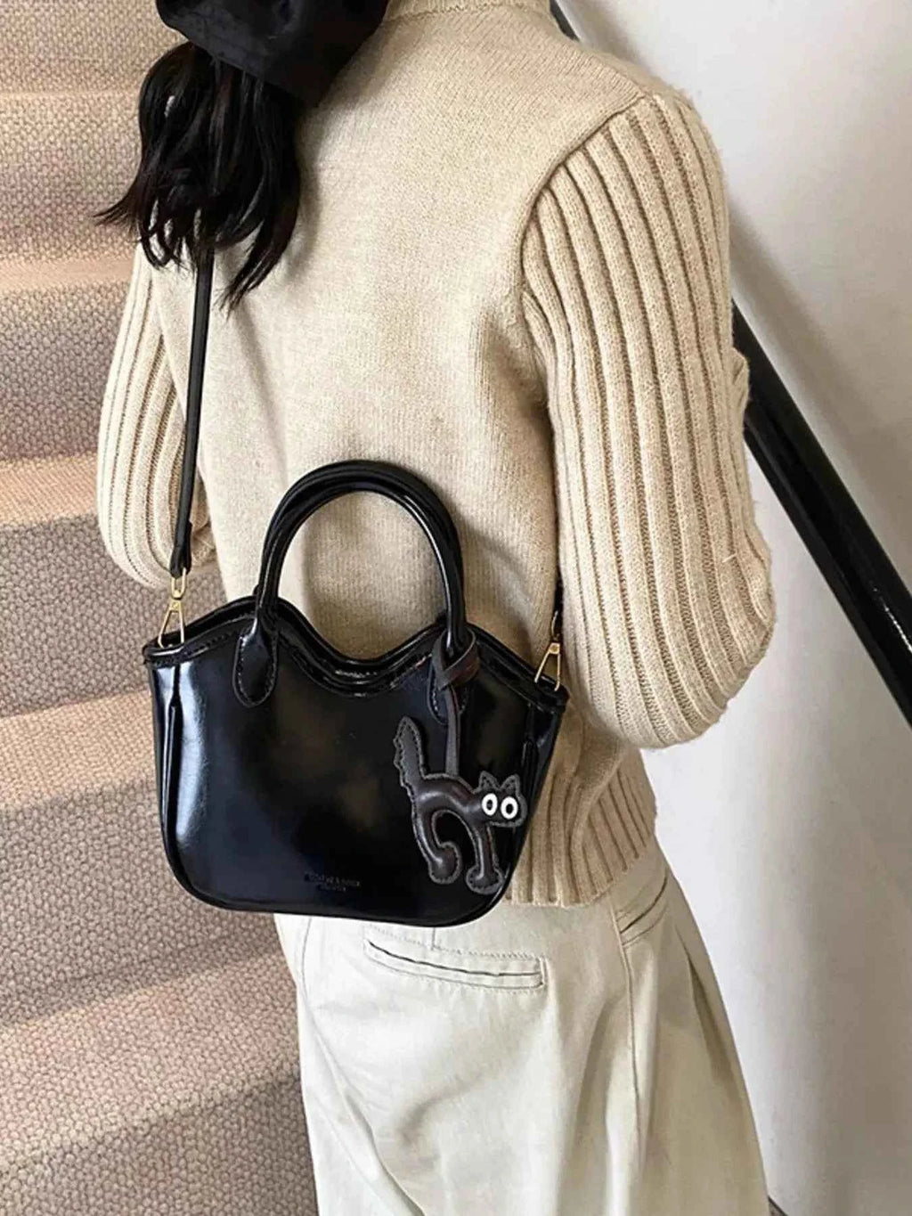 Cat Charm PU Leather Crossbody Bag