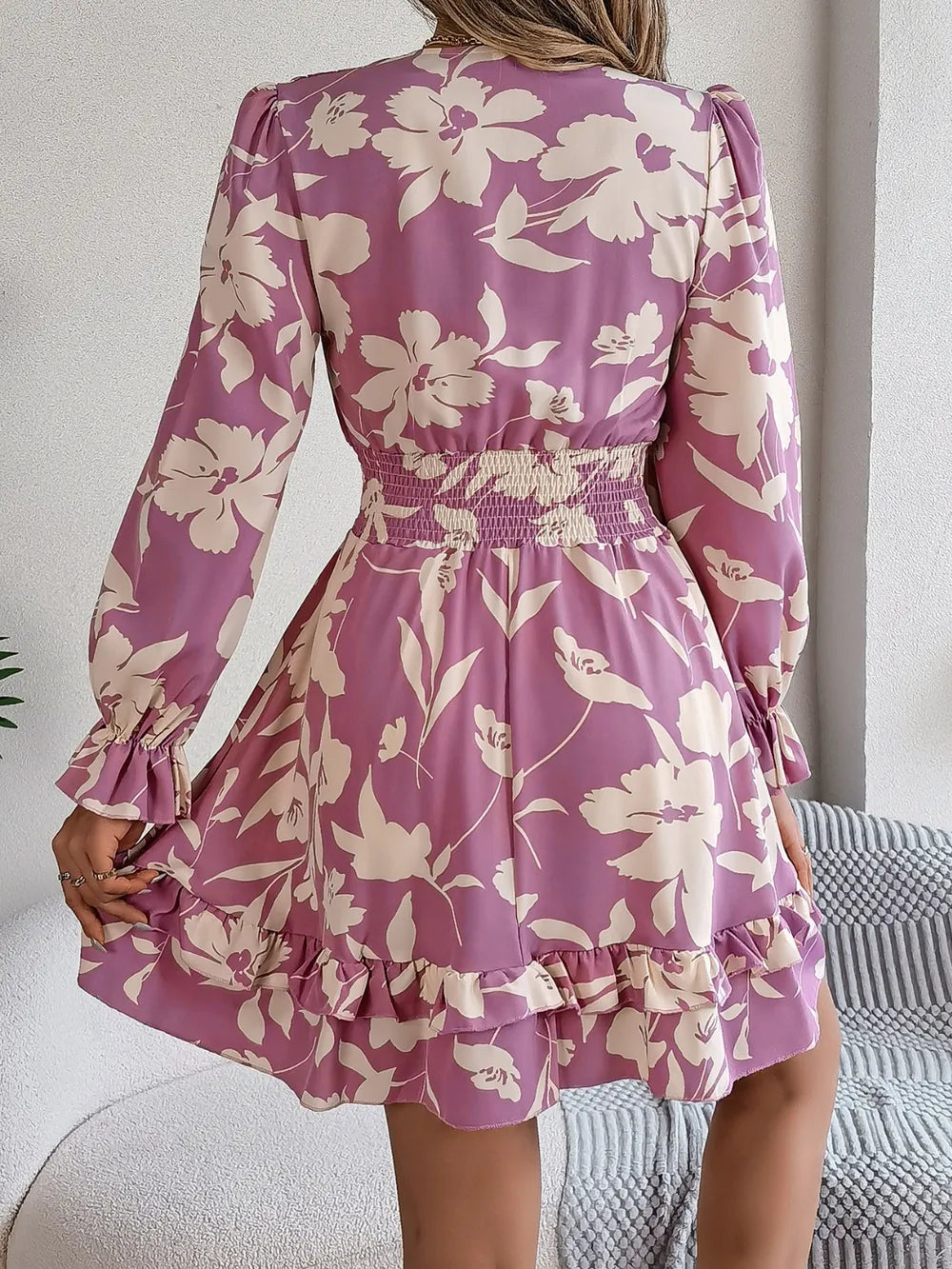Tied Ruffled Printed Long Sleeve Dress by Shopiebay