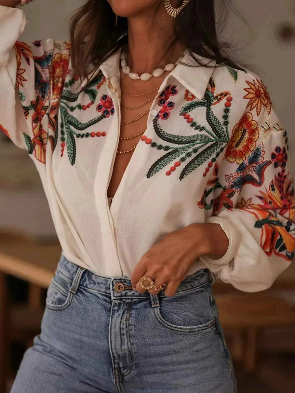 Embroidered Floral Button Up Long Sleeve Shirt