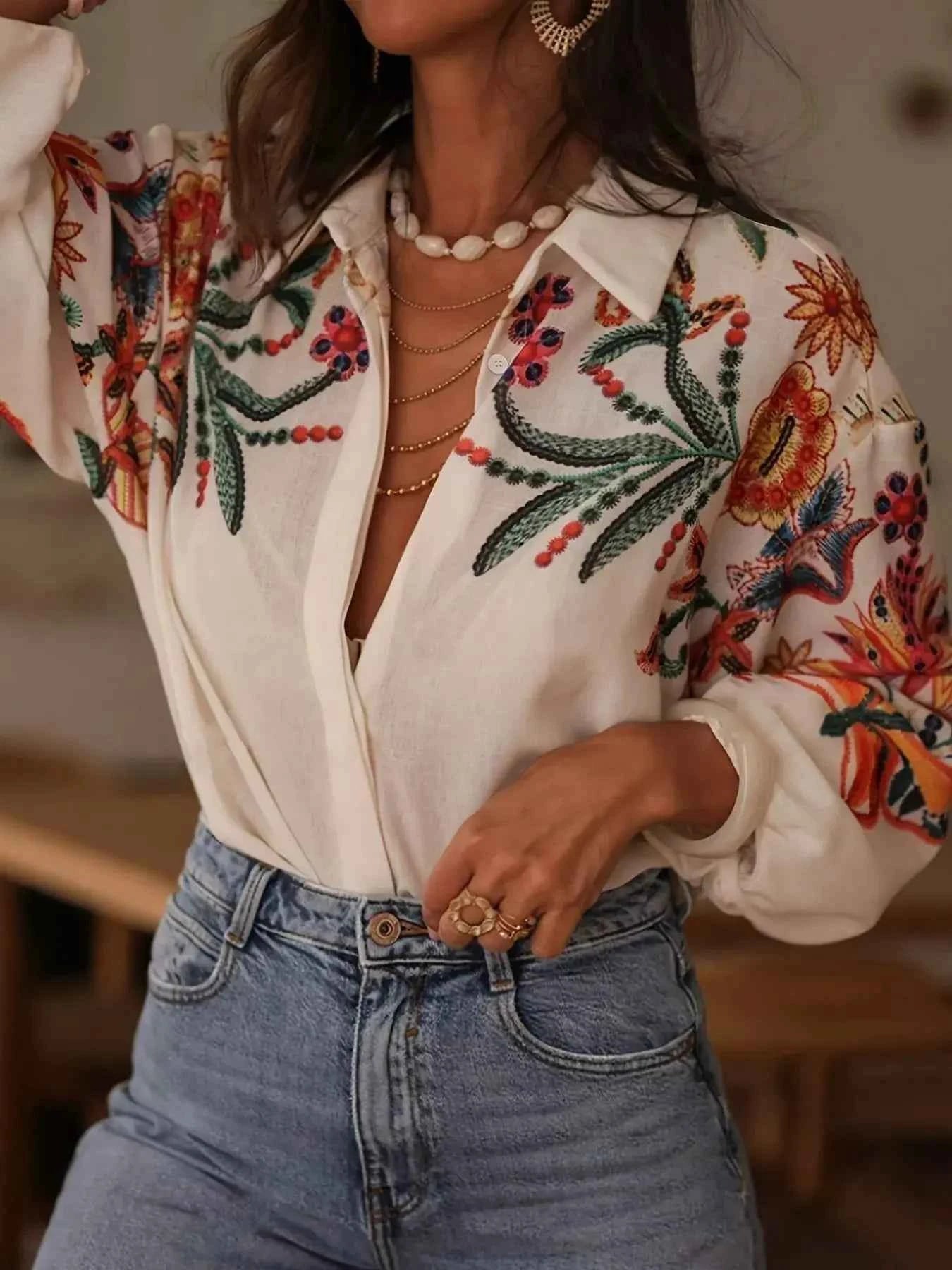 Embroidered Floral Button Up Long Sleeve Shirt