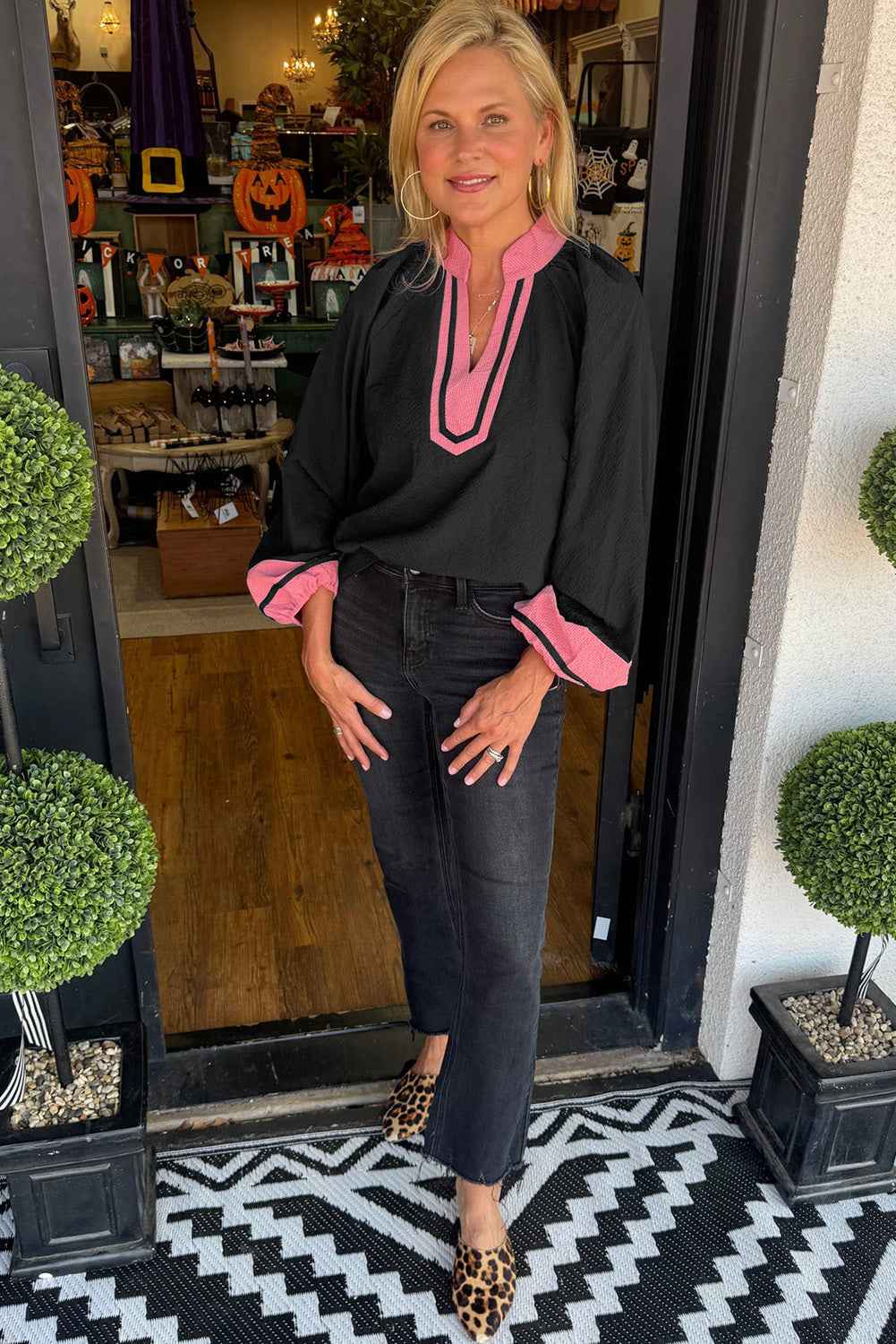 Black Color Block Patchwork Detail V Neck Textured Long Sleeve Blouse