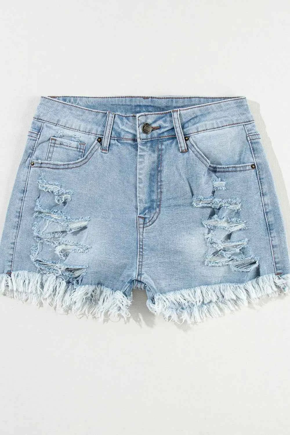 Distressed Raw Hem High Waist Denim Shorts
