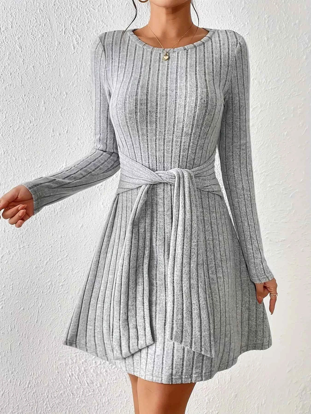 Ribbed Knit Tie Waist Long Sleeve Casual Dress
