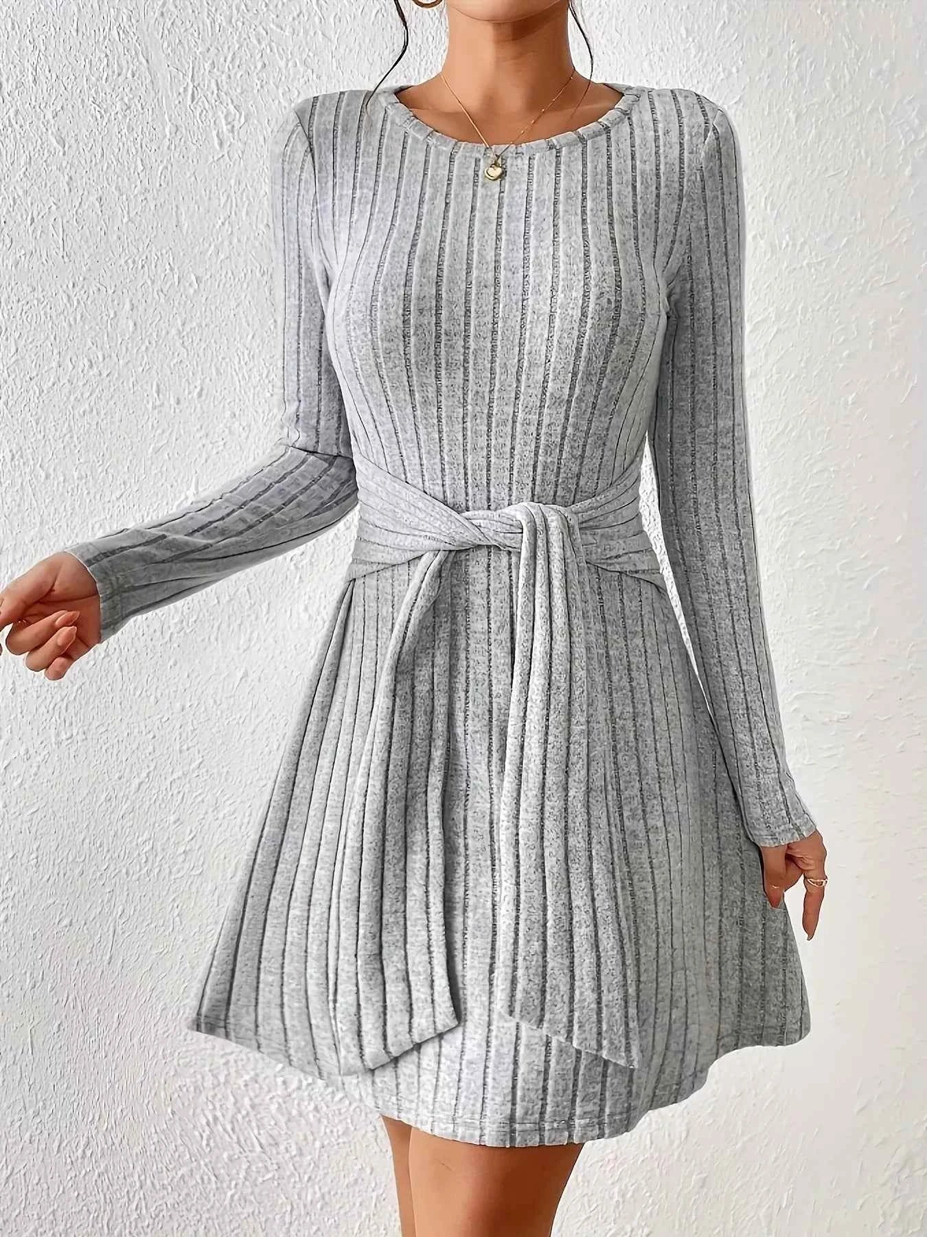 Ribbed Knit Tie Waist Long Sleeve Casual Dress