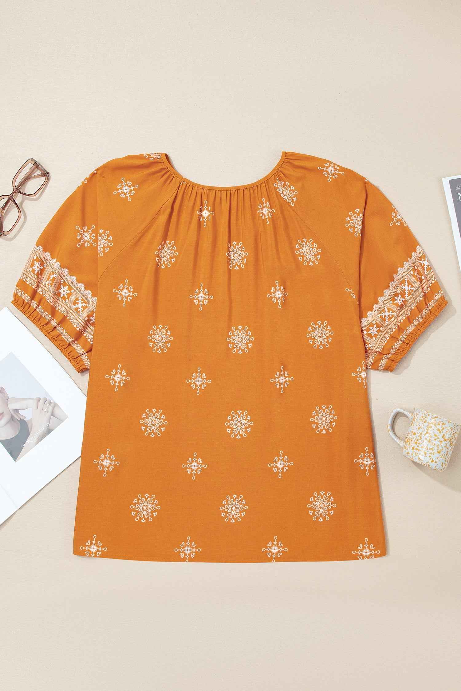 Yellow Boho Chic Notched V Neck Plus Floral Short Sleeve Top