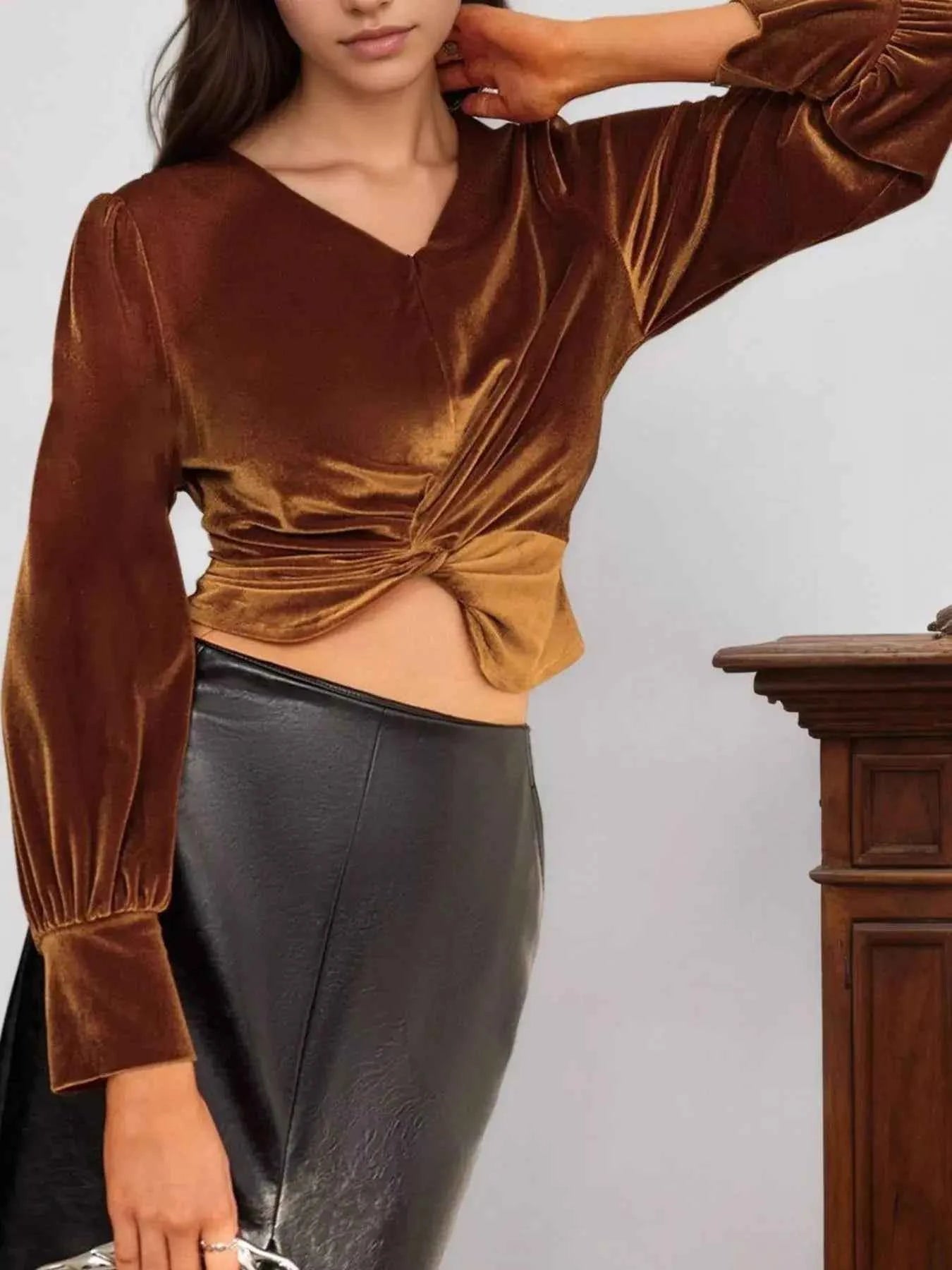 Twisted V Neck Long Sleeve Blouse