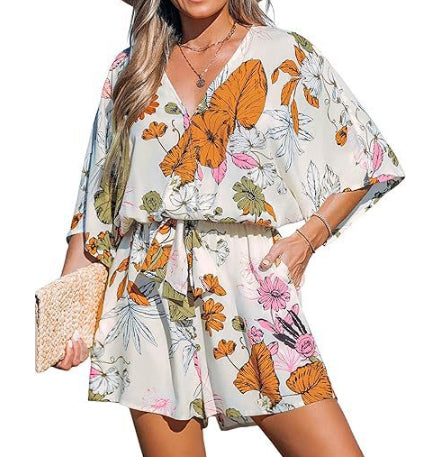 Women's V-neck Printed Lace-up Bat Jumpsuit