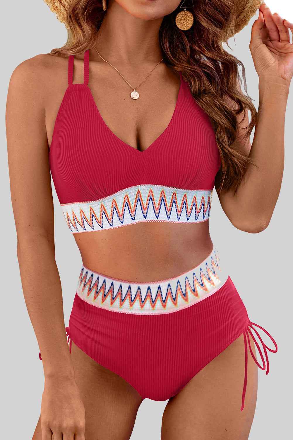 Navy Blue Ribbed Knit Tribal Contrast Detail 2pcs High Waist Swimsuit