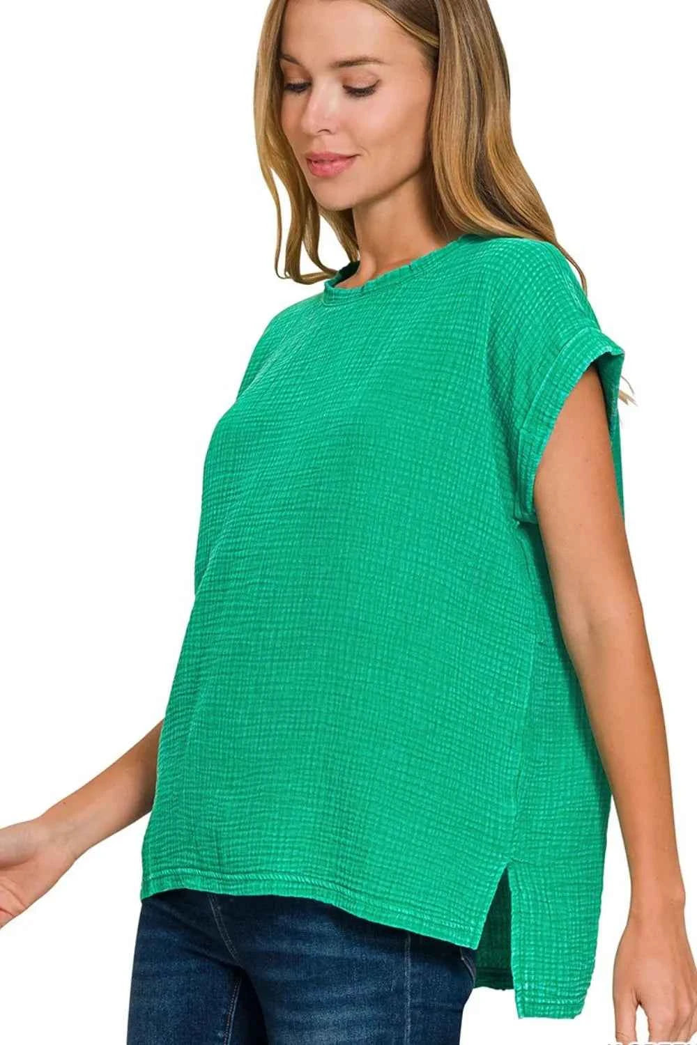Zenana Woven Double Gauze Acid Washed Short Sleeve Top