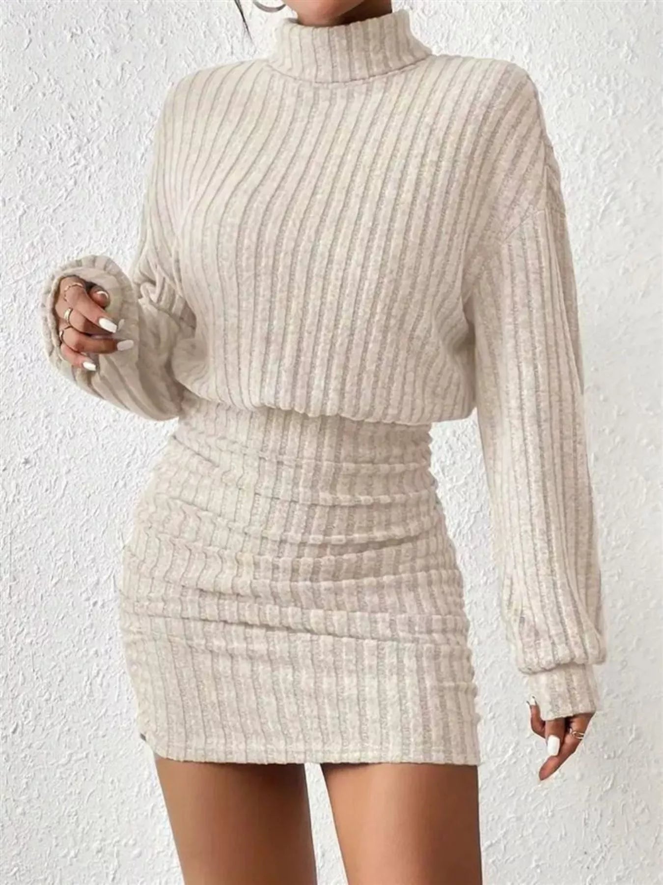 Ribbed Knit Turtleneck Bodycon Mini Dress by Shopiebay