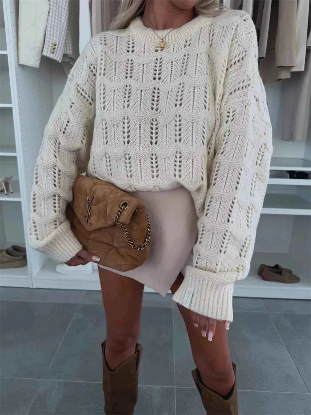 Round Neck Openwork Sweater