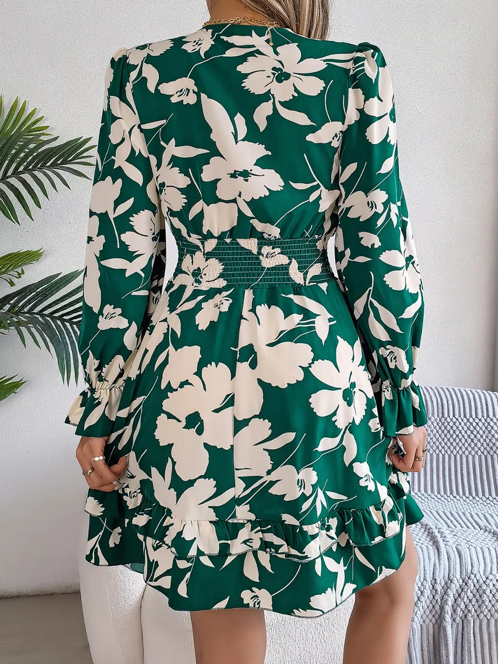 Tied Ruffled Printed Long Sleeve Dress by Shopiebay
