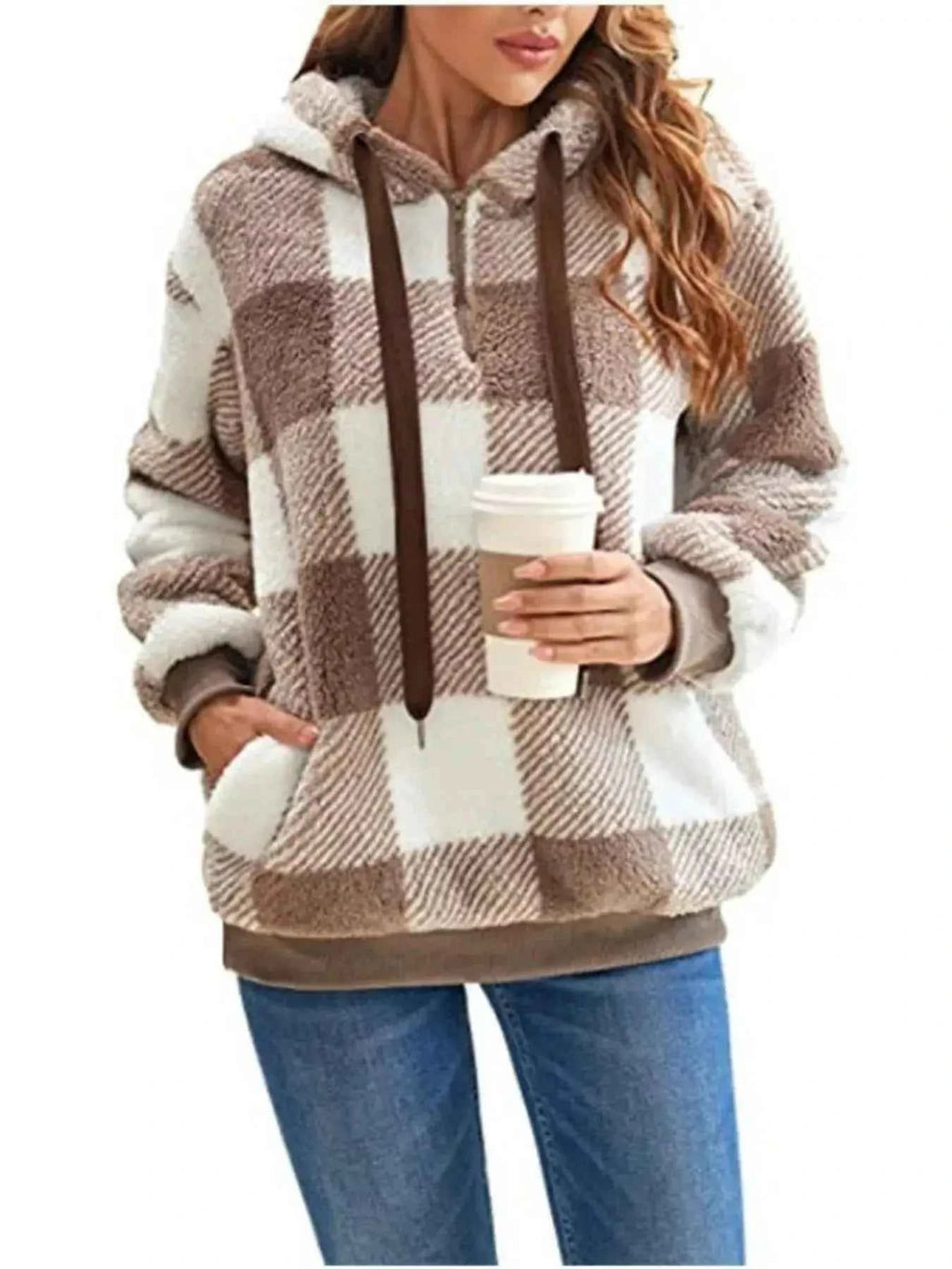 Plus Size Plaid Drawstring Sherpa Hoodie