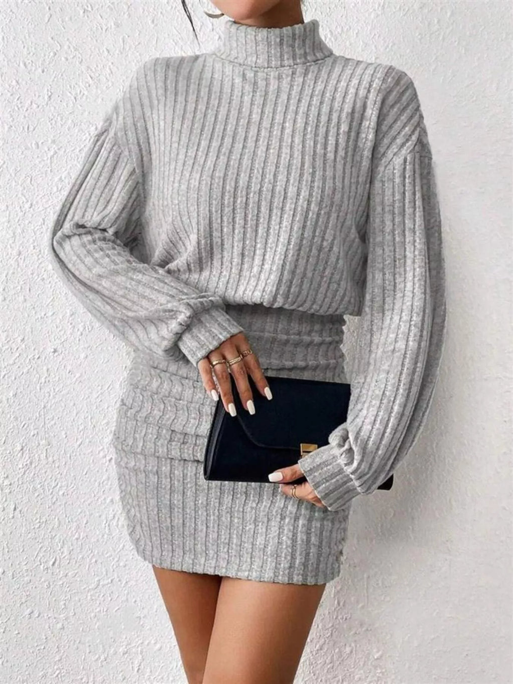 Ribbed Knit Turtleneck Bodycon Mini Dress by Shopiebay