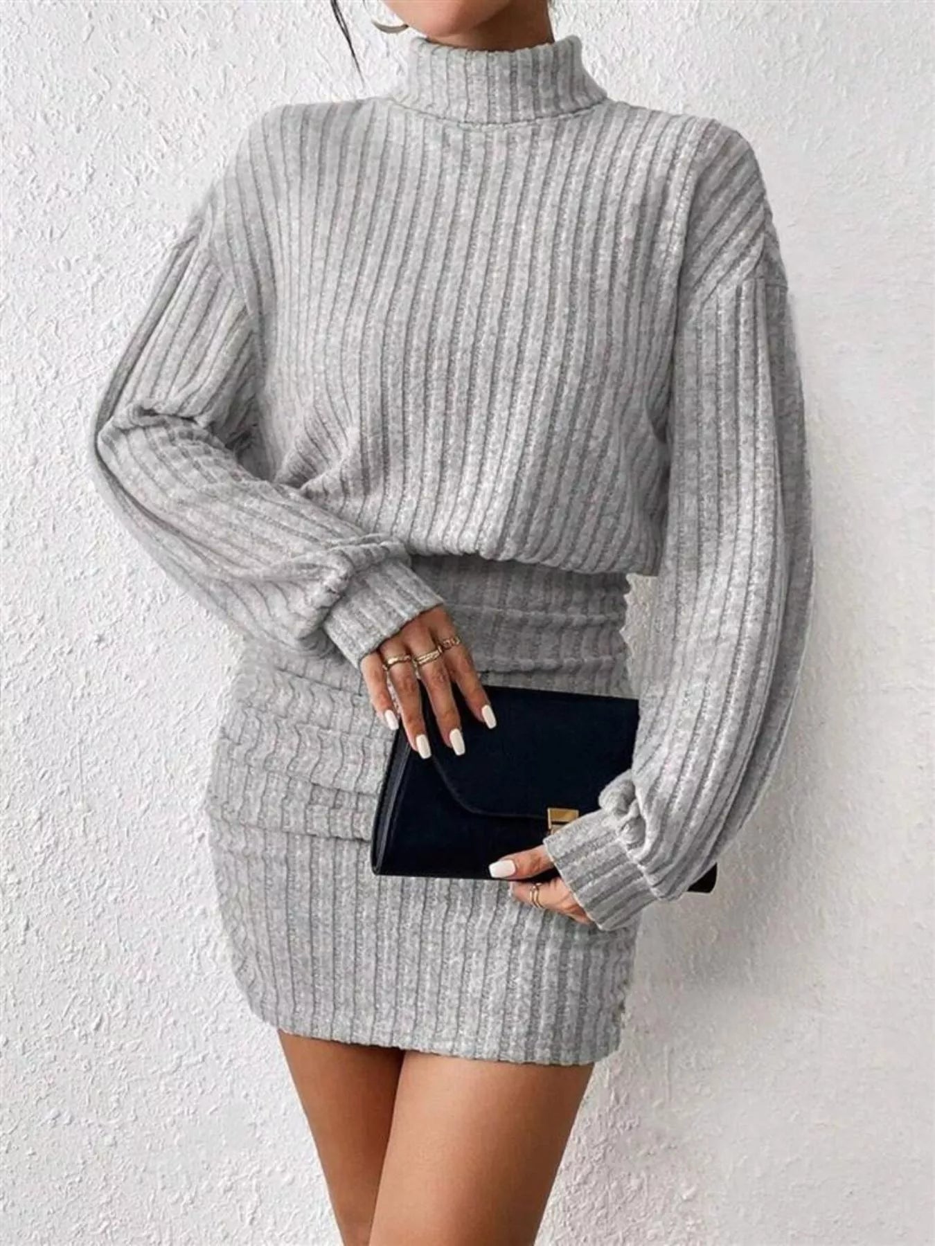 Ribbed Knit Turtleneck Bodycon Mini Dress by Shopiebay