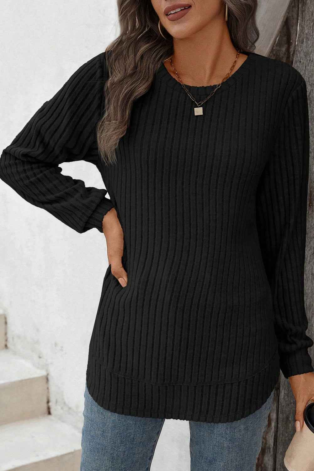 Black Ribbed Texture Round Neck Long Sleeve Rounded Hem Knit Top