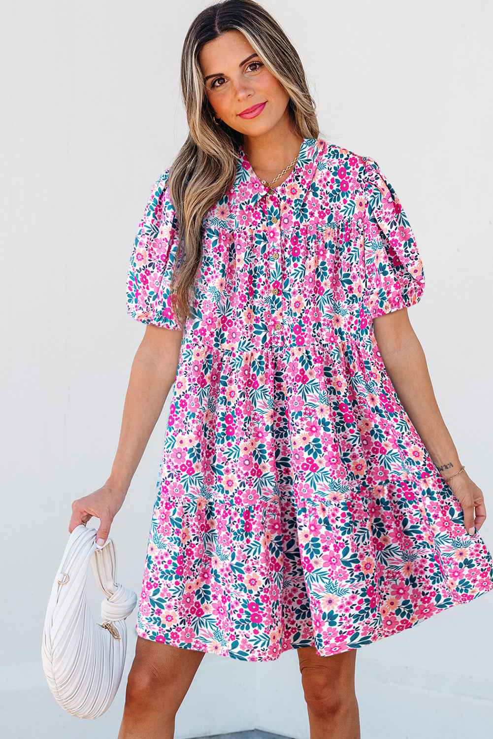 Pink Floral Collared Half Placket Short Sleeve Loose Dress