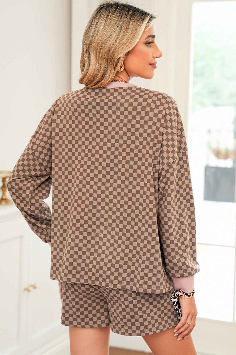 Brown Checkerboard Contrast Trim Long Sleeve Pullover and Shorts Set