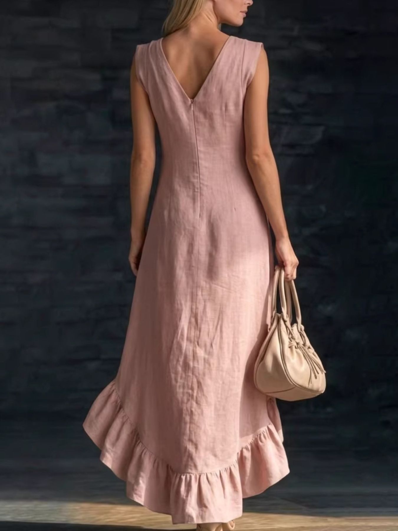Sleeveless V-Neck Ruffle Hem High-Low Dress by Shopiebay