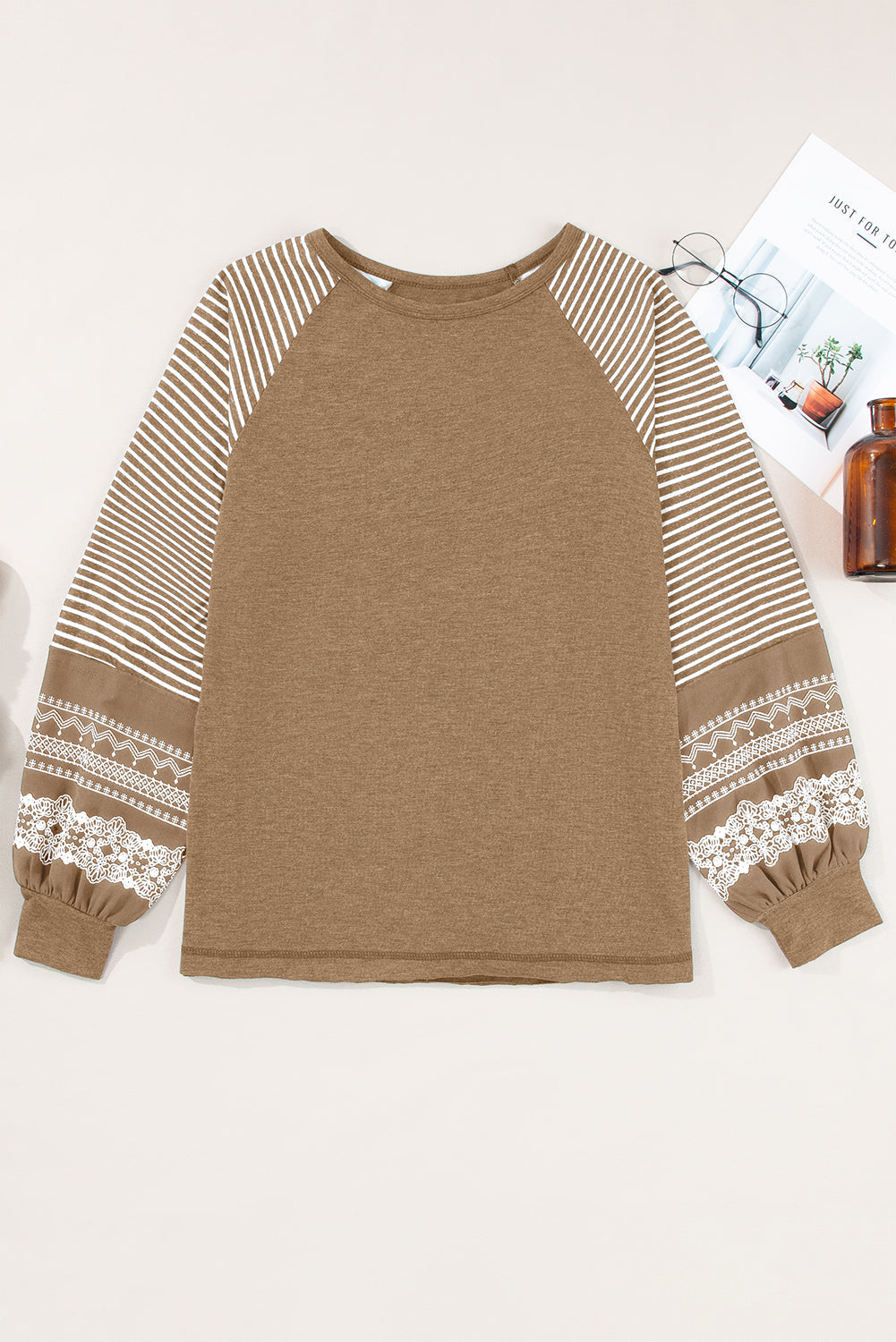 Tillandsia Purple Contrast Print Striped Raglan Long Sleeve Loose Top