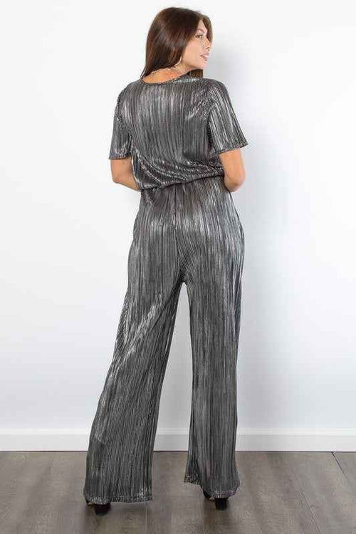 Be Stage Surplice Short Sleeve Pleated Foil Jumpsuit by Wild and Free Boutique