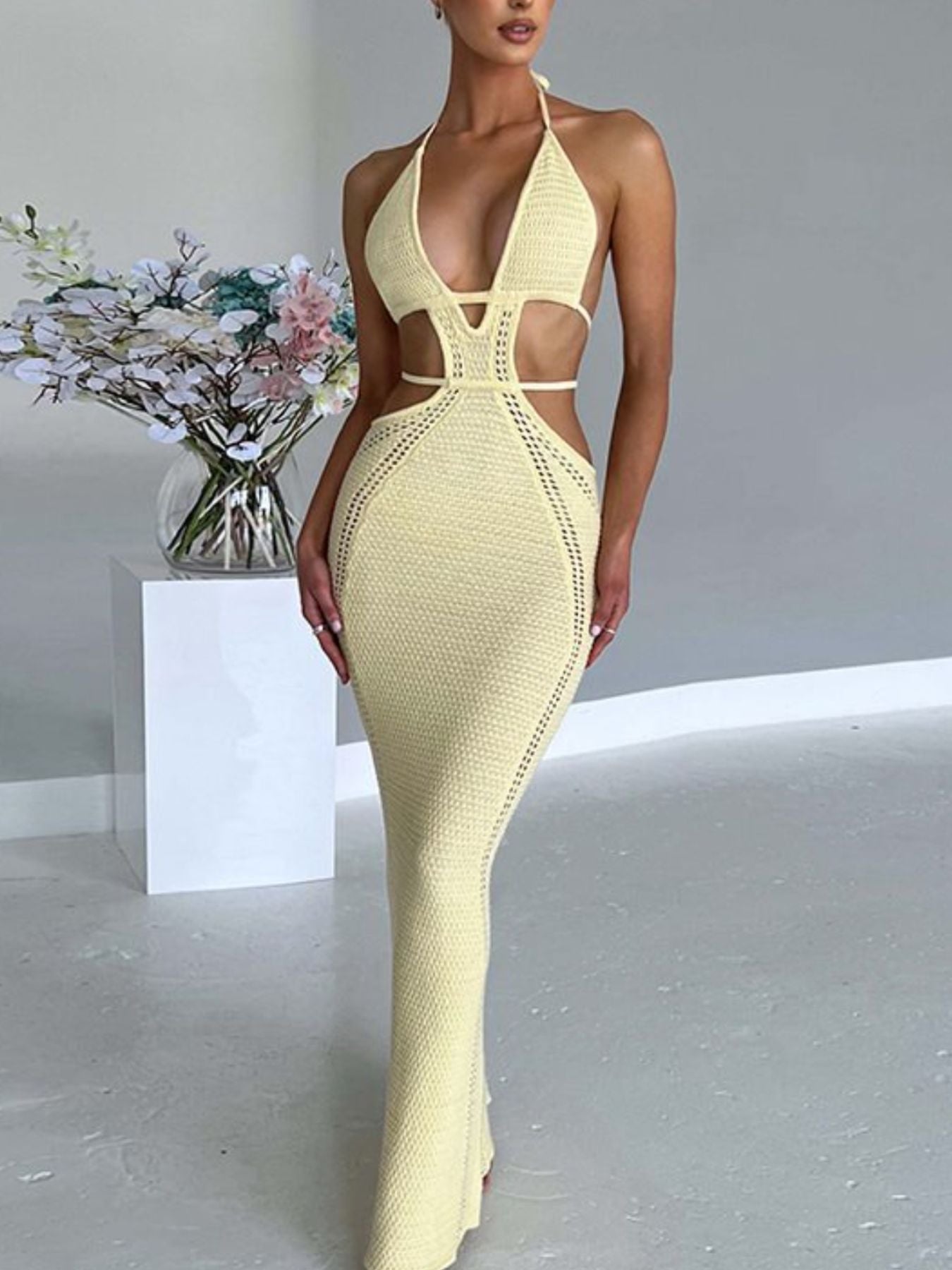 Halter Neck Cutout Knitted Maxi Dress by Shopiebay