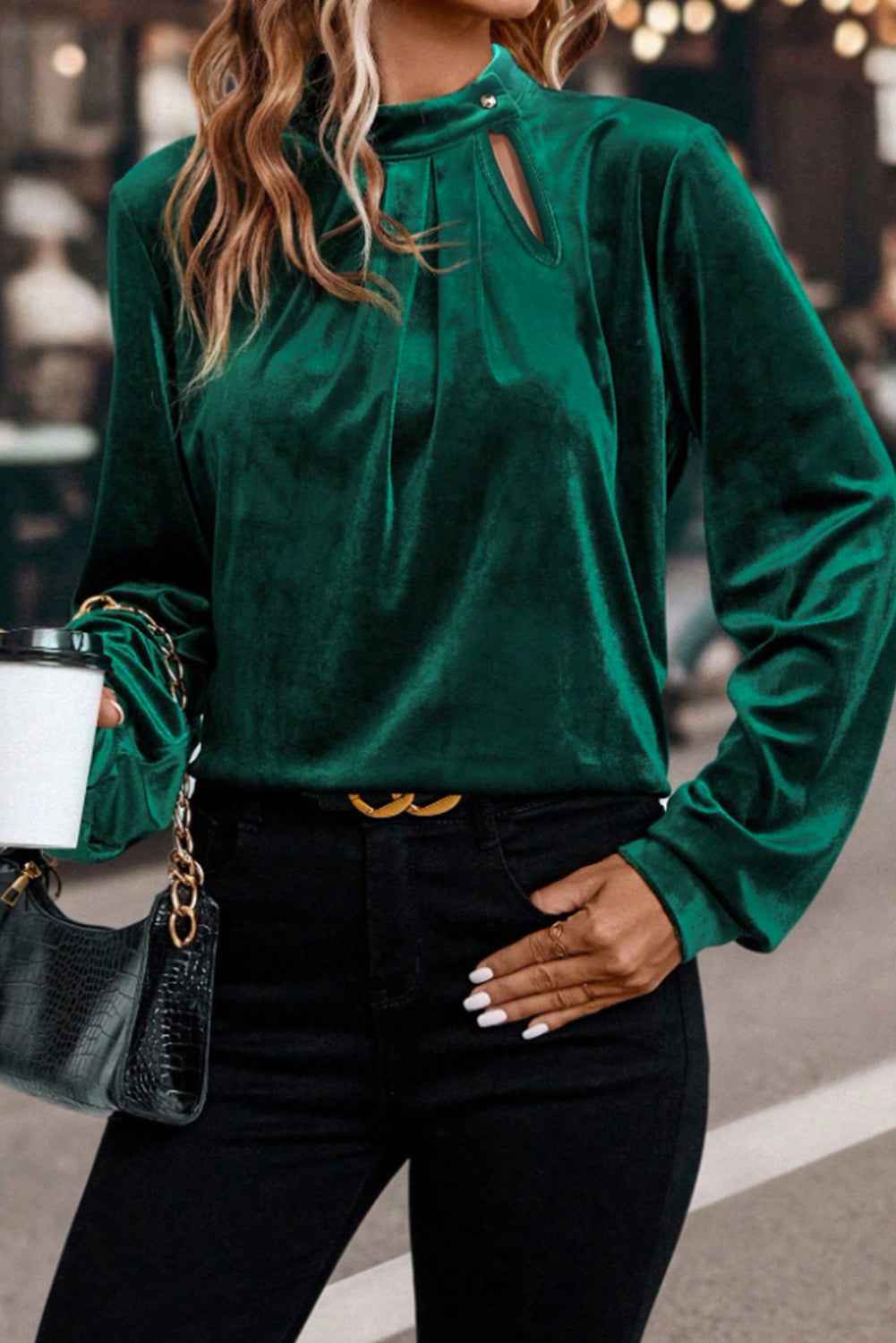 Evergreen Asymmetric Button Keyhole Neck Long Sleeve Velvet Blouse