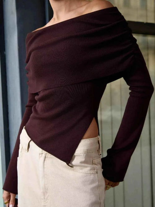 Asymmetrical Hem Off Shoulder Long Sleeve Knit Top by Be Bliss Boutique
