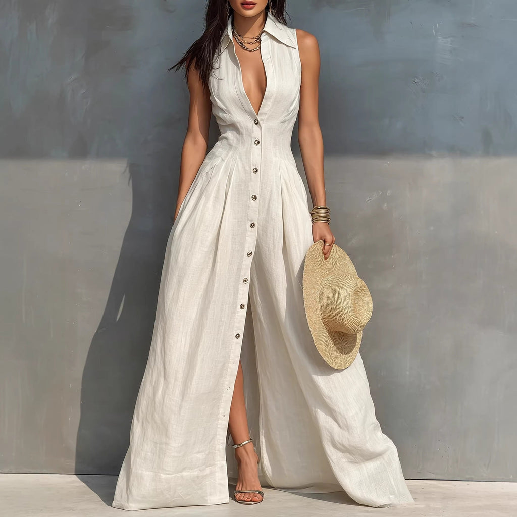 Women's High-Waist Lapel Shirt Maxi Dress – Elegant & Versatile