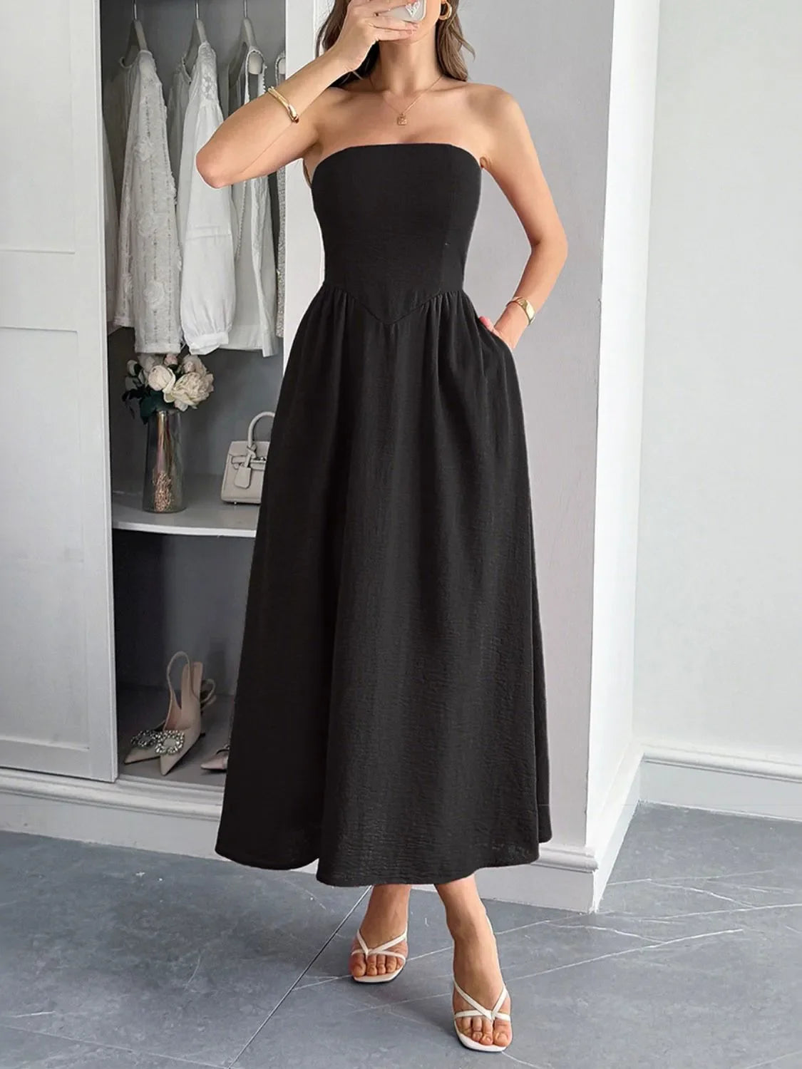 Strapless A-Line Midi Dress with Pockets by Shopiebay