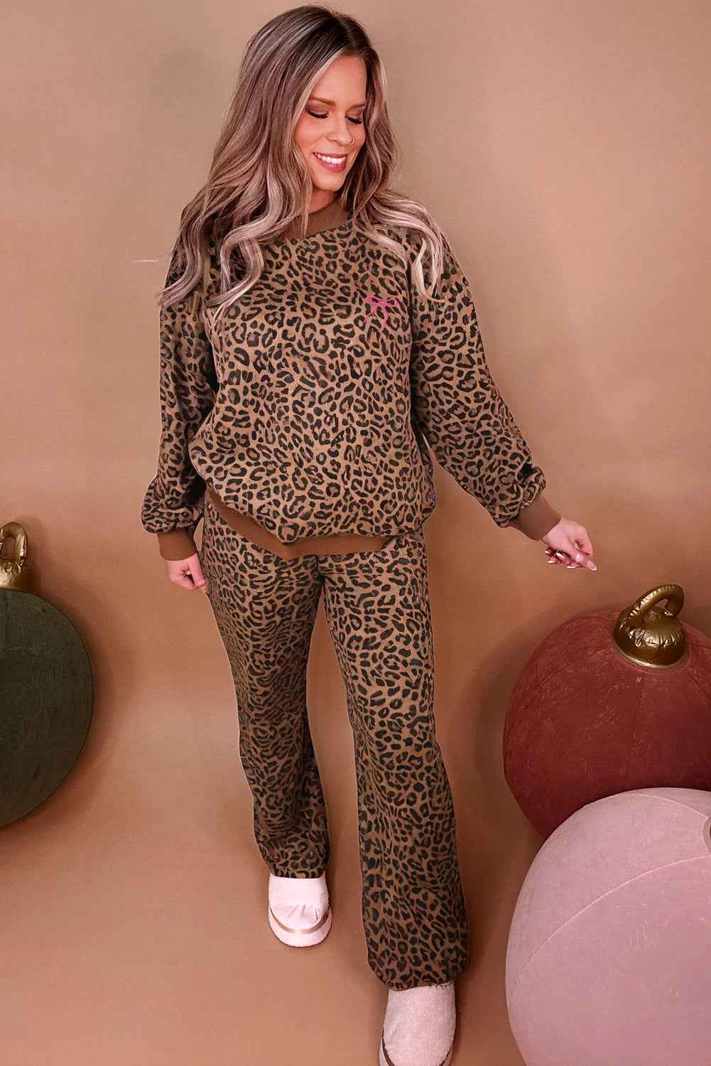 Coffee Allover Leopard Print Contrast Trim Long Sleeve Top and Pants Set