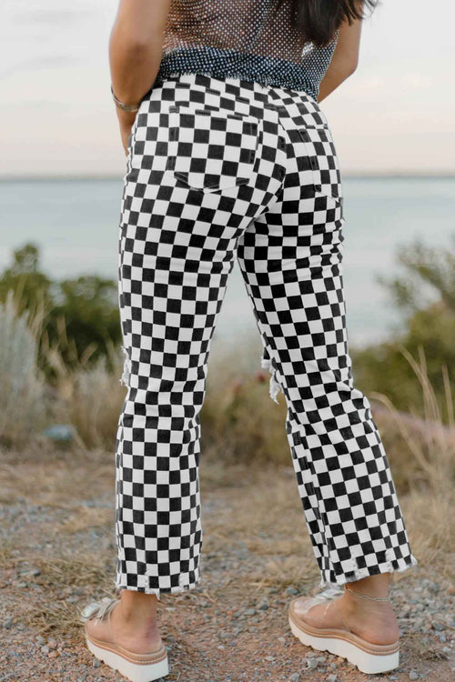 Black Checkerboard Print Distressed Holes Raw Edge Cropped Jeans by Wild and Free Boutique