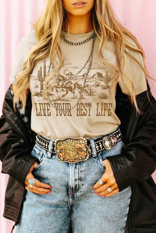 Beige LIVE YOUR BEST LIFE Crew Neck Graphic Tee by Wild and Free Boutique