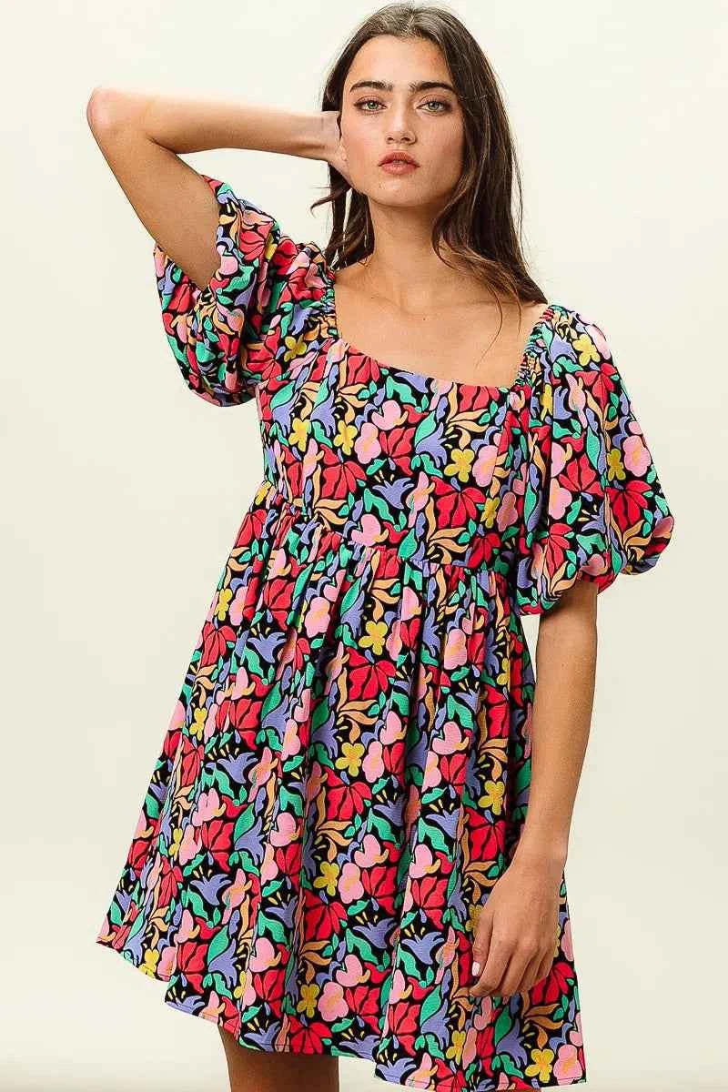 BiBi Floral Print Puff Square Neck Dress