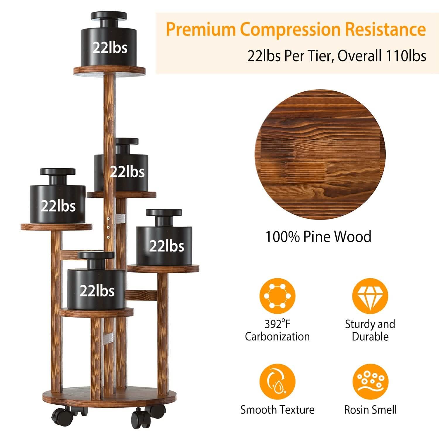 5-Tier Plant Stand with 4 Detachable Wheels Wooden Plant Pot Rolling Shelf by DailySale