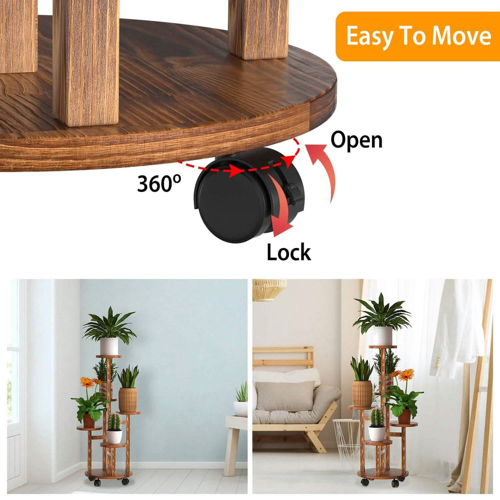 5-Tier Plant Stand with 4 Detachable Wheels Wooden Plant Pot Rolling Shelf by DailySale